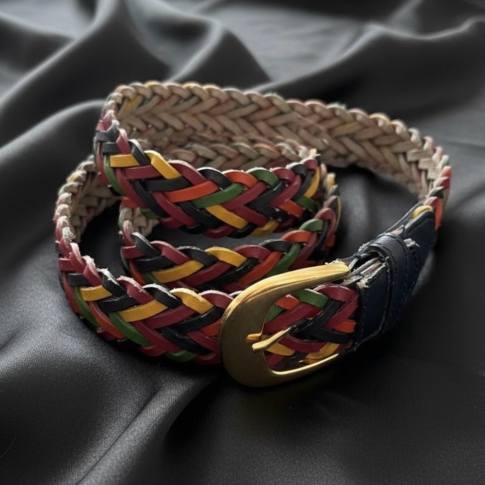 Rainbow Braided Vegan Leather Belt Gold Buckle Boho Eclectic Artsy Y2K Hippie